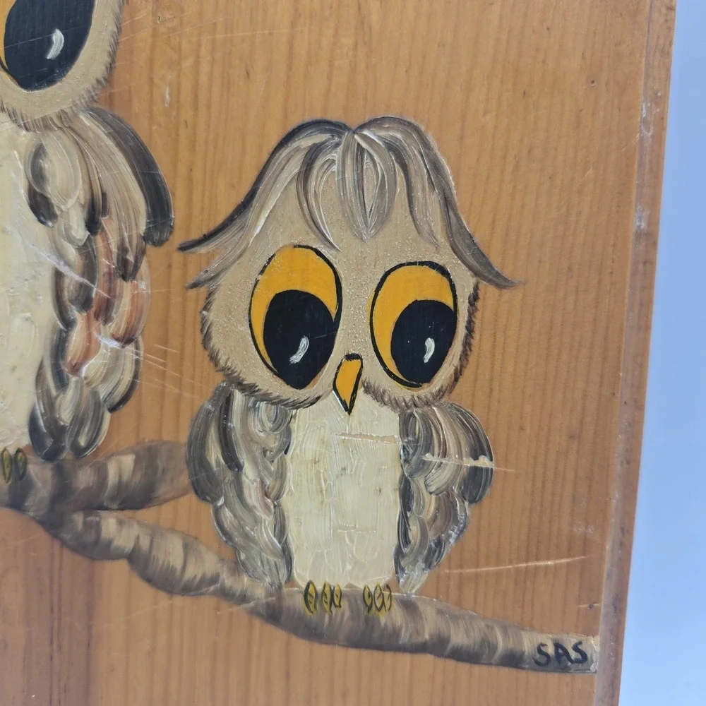 VTG 70's Hand Painted Owls Cutting Board Wooden Wall Decor Signed Grannycore MCM